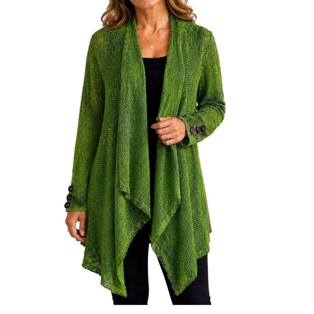 Katie Todd Women's Size Large Lime Green Open Knit Waterfall Cardigan Sweater